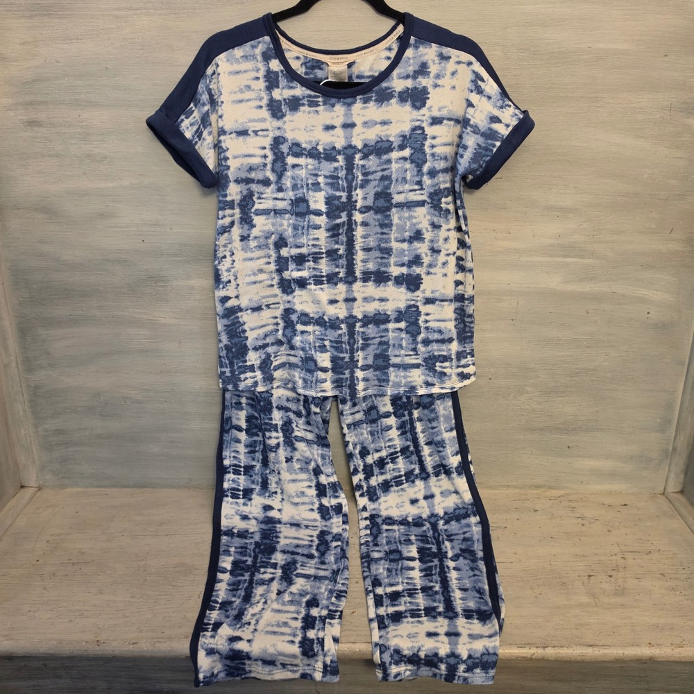 Lucky Brand Knit Blue‎ White Tie Dye Shirt & Pants Pajama Lounge Set Small GC